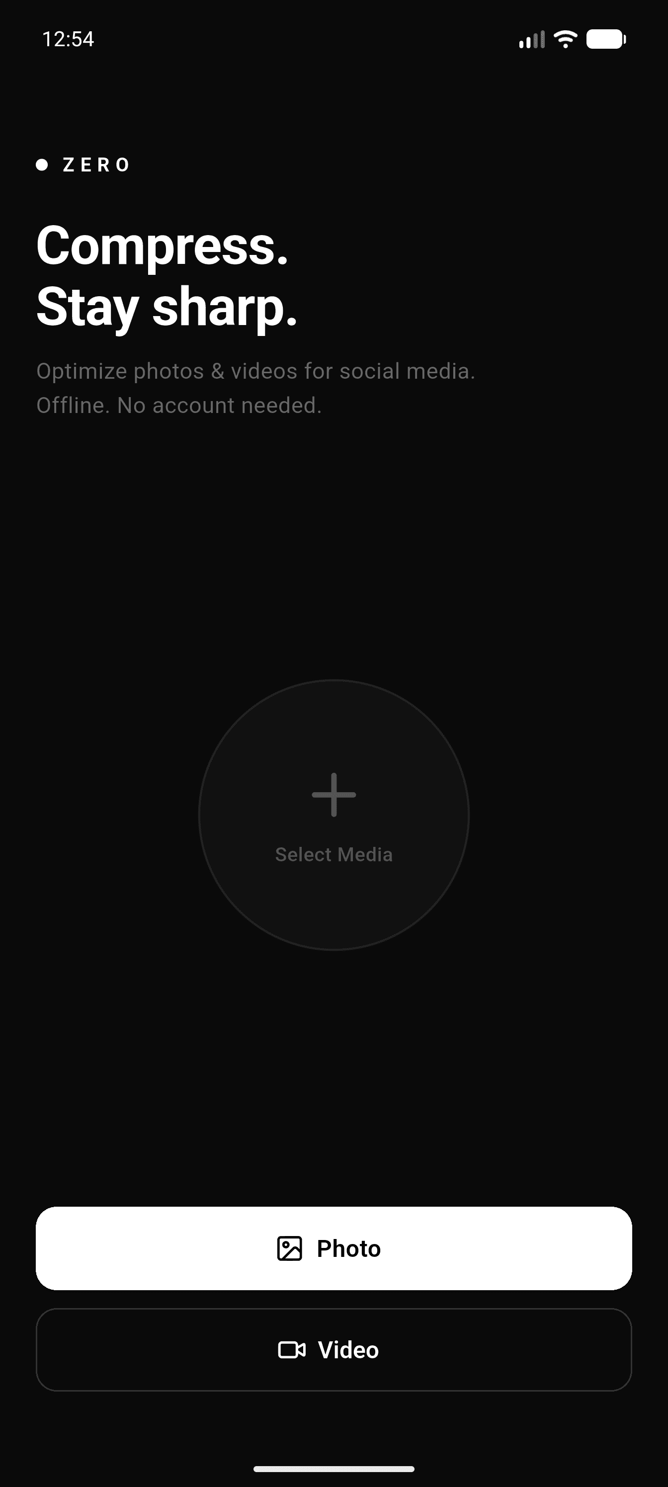 Zero app — Home screen